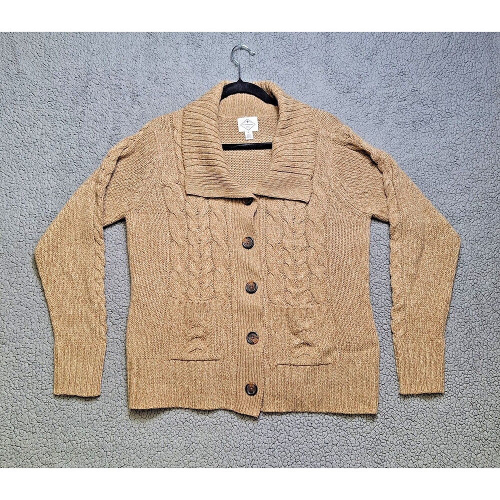 St Johns Bay Womens XL Cable Knit Fisherman Cardigan Pockets Beige Classy Cozy